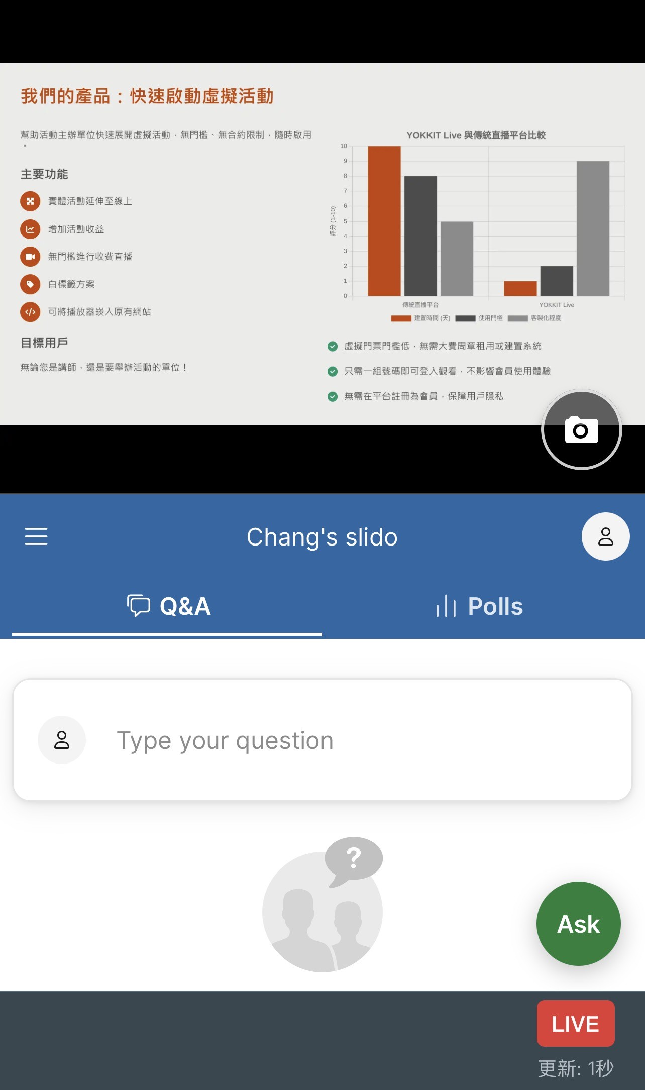 觀眾端結合簡報與 Slido 的畫面